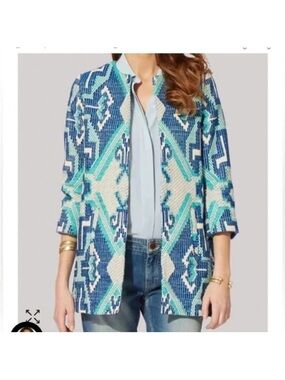 Maje Grenade Jacquard Jacket Blue and White Patterned Blazer size S